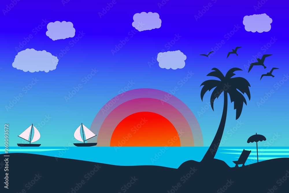 Summer holiday beach background. Tropical paradise, palm trees silhouette