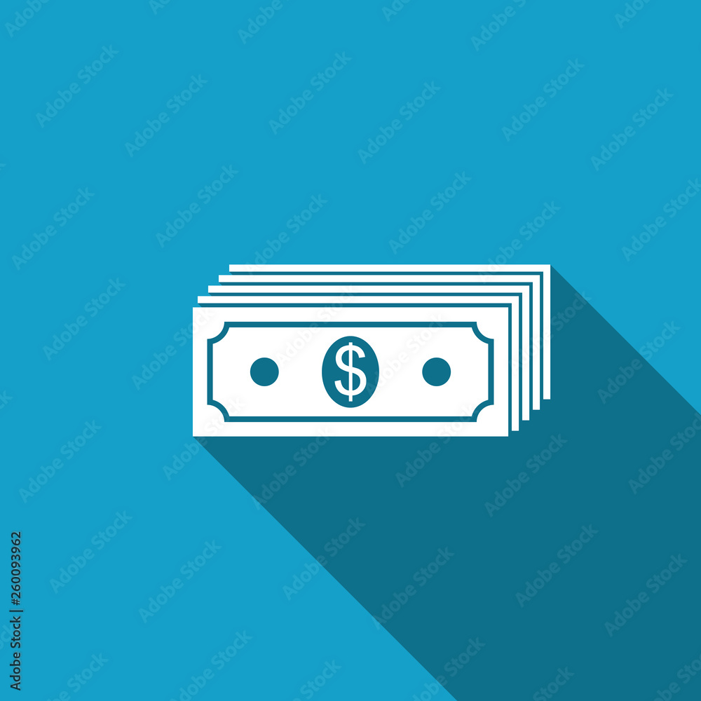 Fototapeta premium Paper money american dollars cash icon isolated with long shadow. Money banknotes stack with dollar icon. Bill currency. Flat design. Vector Illustration