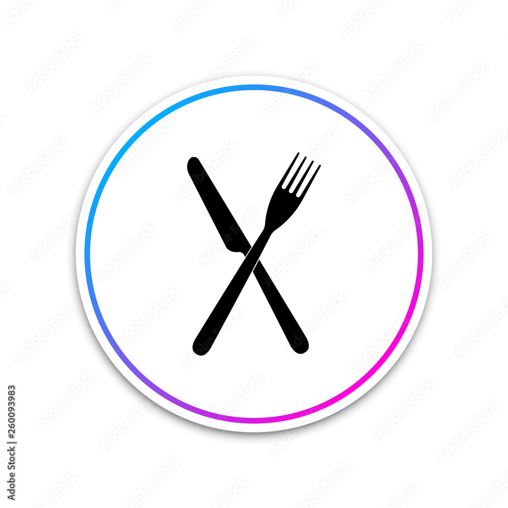 Crossed fork and knife icon isolated on white background. Restaurant icon. Circle white button. Vector Illustration Crossed fork and knife icon isolated on white background. Restaurant icon. Circle white button. Vector Illustration