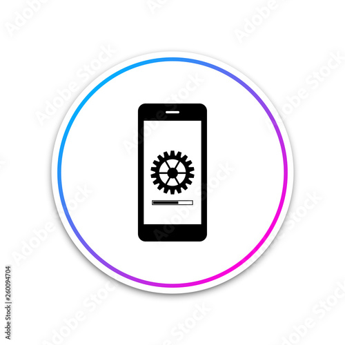 Smartphone update process with gearbox progress and loading bar icon on white background. System software update and upgrade concept. Loading process in mobile screen. Vector Illustration