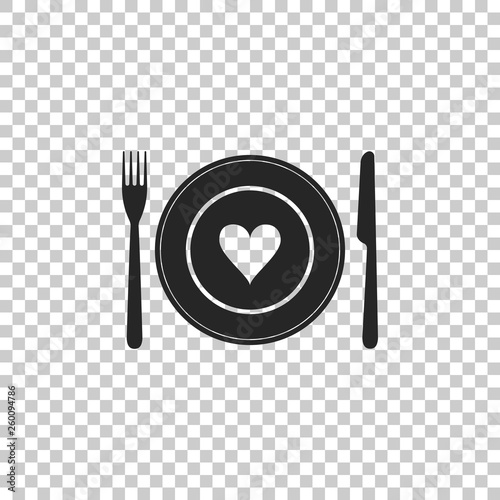 Heart on plate, fork and knife icon isolated on transparent background. Happy Valentine's day. Flat design. Vector Illustration