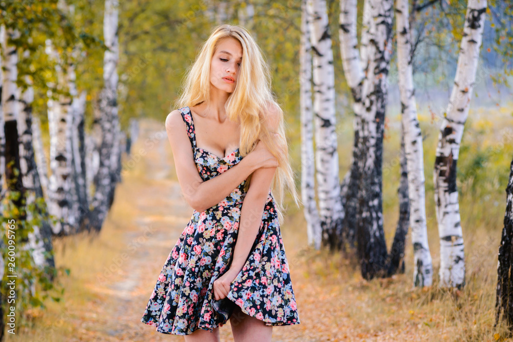 An attractive girl with long hair in a short dress walks in the Park. An attractive girl with long hair in a short dress walks in the Park.
