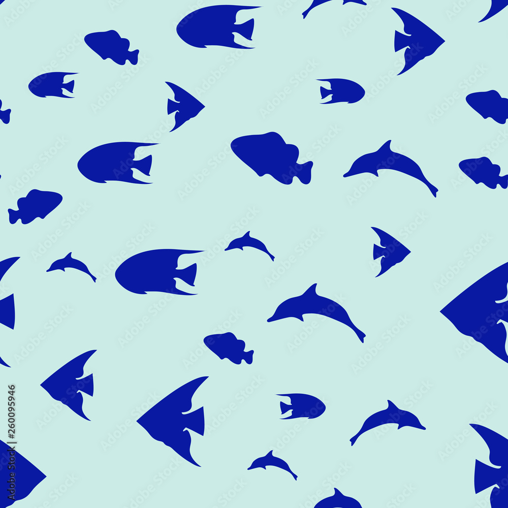 Underwater world in deep ocean. Silhouette of different fishes. Seamless vector EPS 10