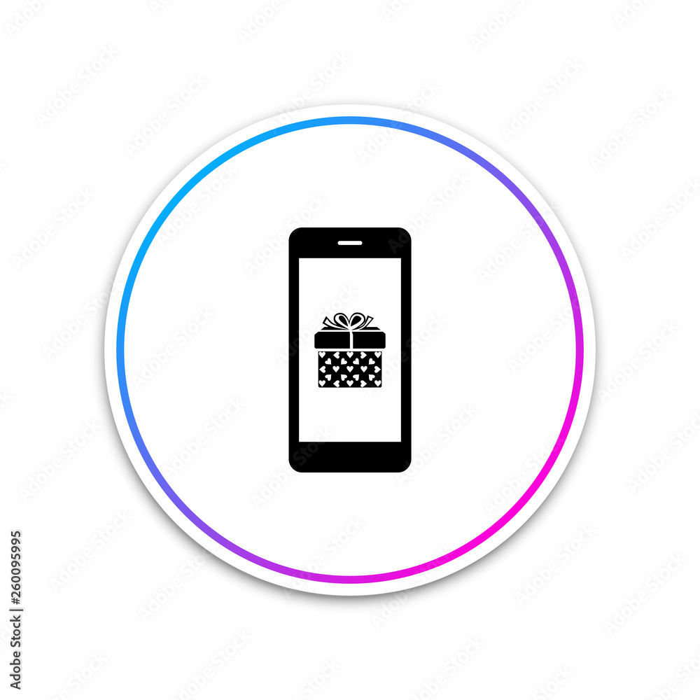 Smartphone with gift box and heart symbol on the screen icon isolated on white background. Valentine's day symbol. The online store, e-shopping. Circle white button. Vector Illustration Smartphone with gift box and heart symbol on the screen icon isolated on white background. Valentine's day symbol. The online store, e-shopping. Circle white button. Vector Illustration