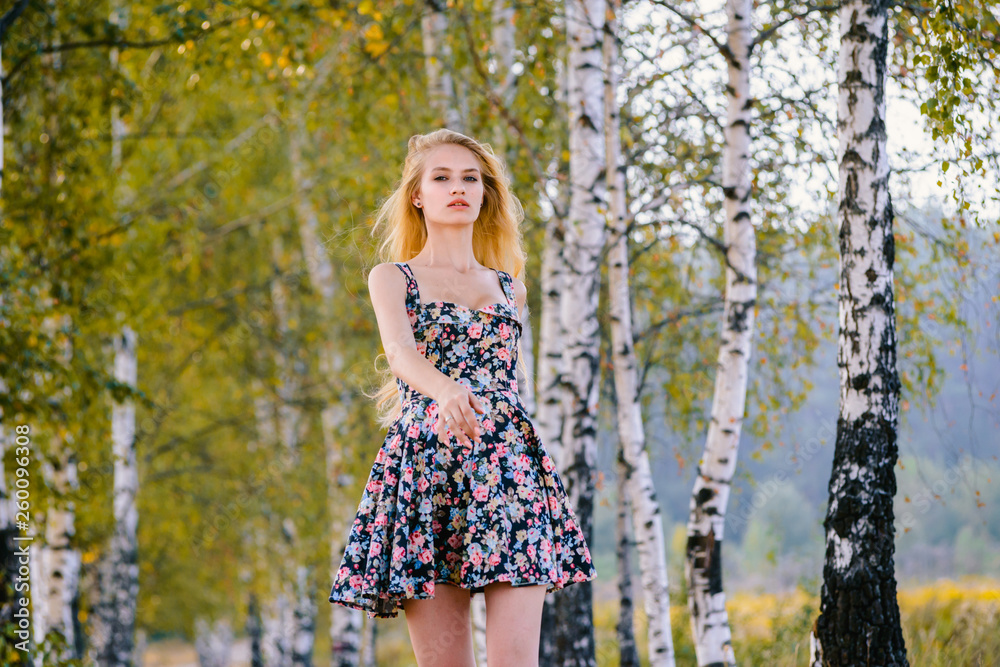 An attractive girl with long hair in a short dress walks in the Park. An attractive girl with long hair in a short dress walks in the Park.
