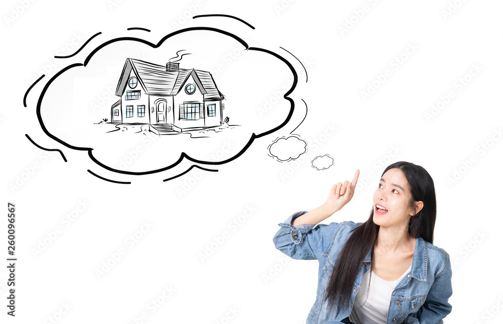 attractive young  asian business  woman thinking isolated on white background.