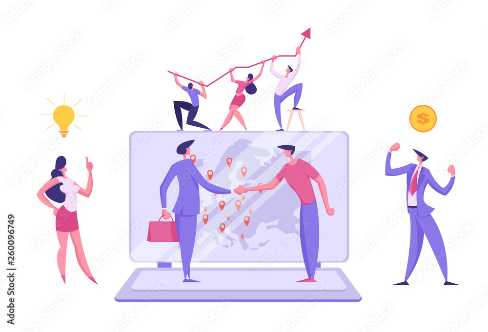 Obraz premium Global Business Concept. Teamwork Cooperation with Business People Characters Handshaking behind World Map on Laptop. Businessman and Businesswoman Partnership. Vector Flat illustration