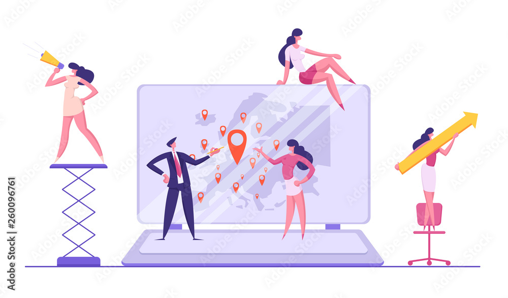 Corporate Global Business Concept. Successful Partnership and Cooperation with Business People Characters and World Map on Laptop for Banner. Vector Flat illustration