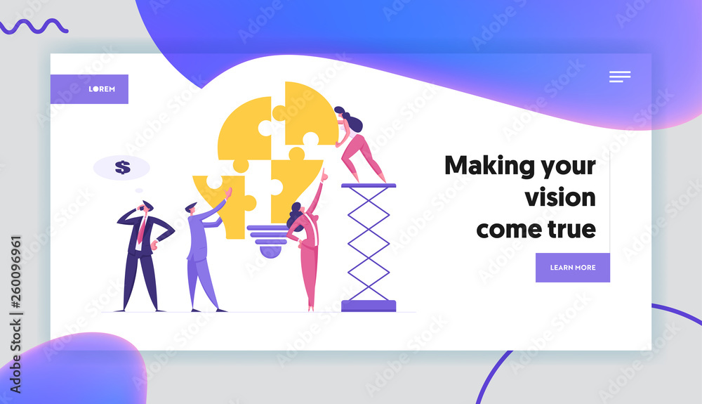 Teamwork Business Solution Concept Landing Page with Characters Collect Light Bulb Puzzle Pieces. Businessman and Businesswoman Brainstorming Innovation Banner, Website. Vector Flat illustration