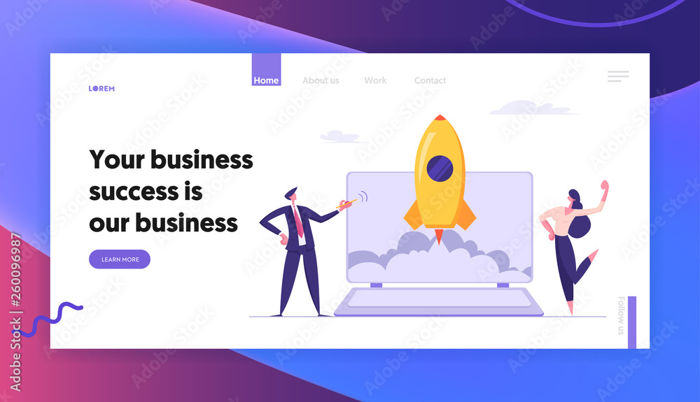 Naklejka Start Up Concept Landing Page with Business People Characters Launches Rocket from Laptop. Space Ship Metaphor Startup, Teamwork E-commerce Banner, Website, Web Page. Vector Flat illustration
