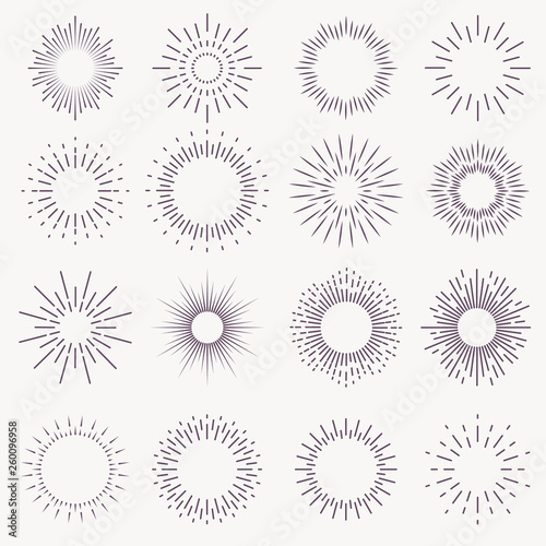 Vintage sunburst. Bursting rays sunrise firework starburst blast burst sunset star light ray radiant spark hand drawn, vector set