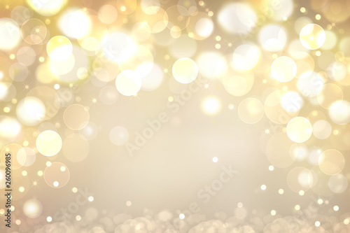 A festive abstract beige golden gradient background texture with glitter defocused sparkle bokeh circles. Card concept for Happy New Year, party invitation, valentine or other holidays.