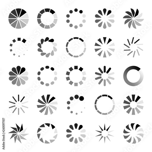 Progress loader icons. Load spinning circle circular buffering indication waiting loading computer website download upload vector set