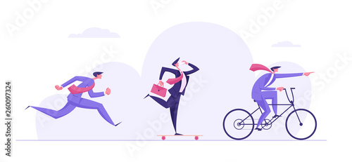 Business Challenge Competition Concept with People Characters Hurry to Success. Businessman Riding Bicycle, Man Skateboarding with Coffee, Running Employee Banner. Vector Flat illustration