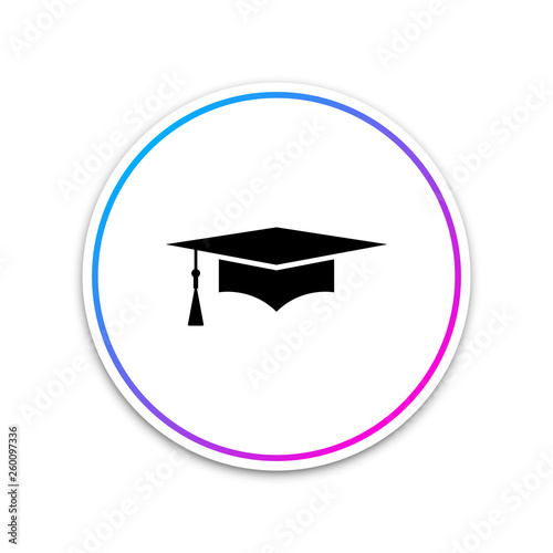 Graduation cap icon isolated on white background. Graduation hat with tassel icon. Circle white button. Vector Illustration