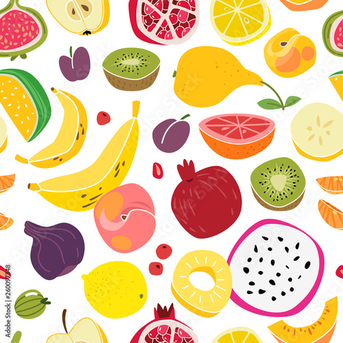 Fototapeta Naklejka Na Ścianę i Meble -  Fruits pattern. Fruit seamless print natural cute fresh food colorful summer textile cartoon, vector texture