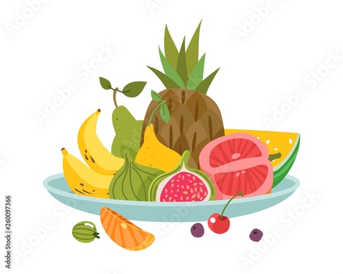 Fruits plate. Dinner bowl dish fruit lunch delicious diet health fresh appetizer, cartoon vector isolated