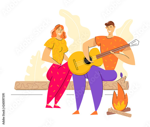 Happy Couple Enjoying Time Together Outdoor in Camping. Man Playing Guitar for Girlfriend near Bonfire. Friends Tourists Relaxing in Camp. Vector Flat illustration
