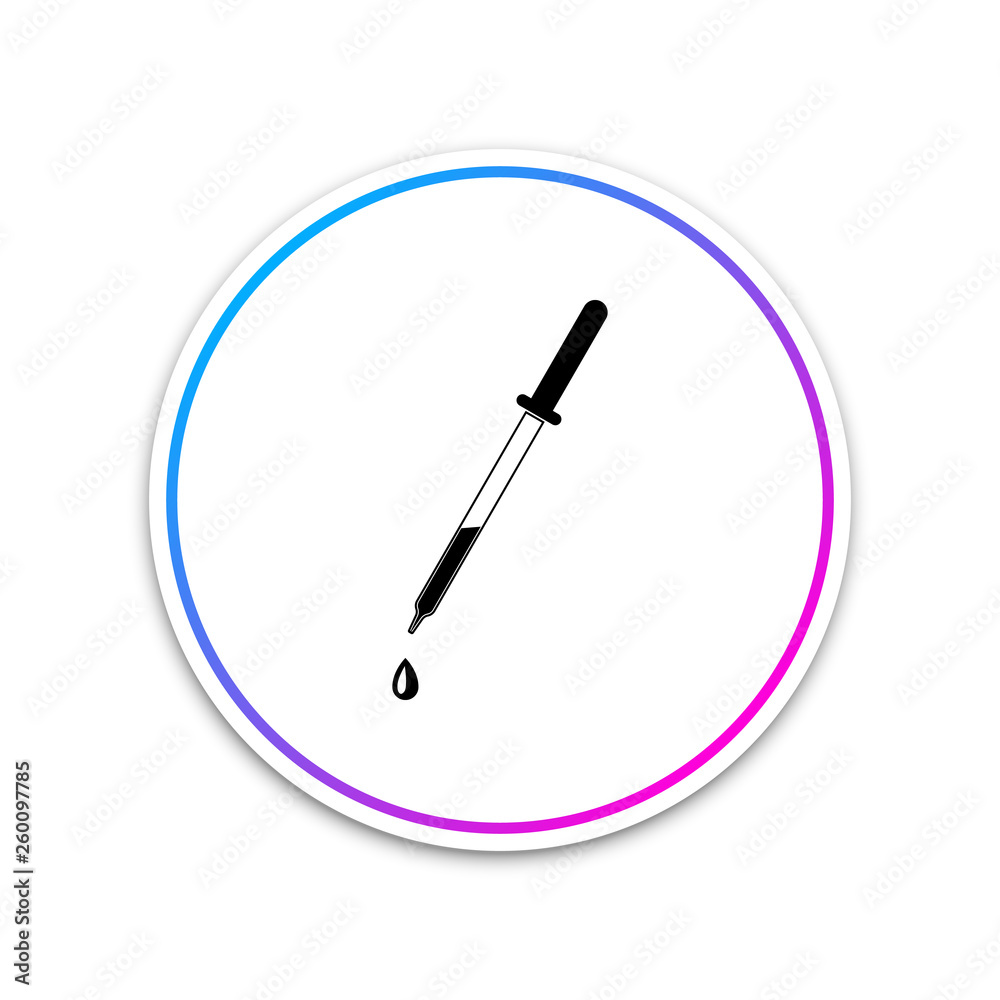 Pipette icon isolated on white background. Element of medical, chemistry lab equipment. Pipette with drop. Medicine symbol. Circle white button. Vector Illustration Pipette icon isolated on white background. Element of medical, chemistry lab equipment. Pipette with drop. Medicine symbol. Circle white button. Vector Illustration