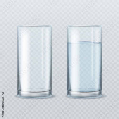 Realistic water glass. Empty and full of clean mineral healthy water realistic glasses beverage drink product isolated vector mockup