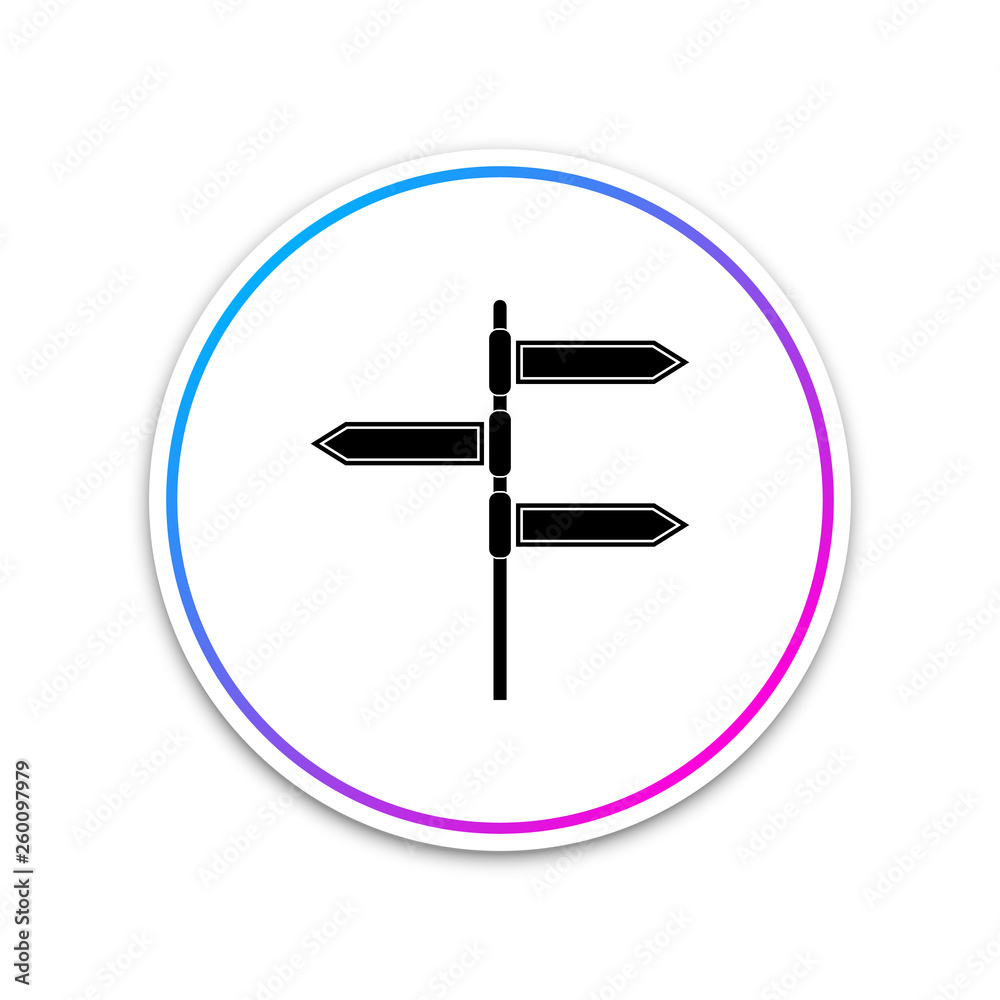 Road traffic sign. Signpost icon on white background. Pointer symbol. Blank board with place for text. Isolated street information sign. Direction sign. Circle white button. Vector Illustration Road traffic sign. Signpost icon on white background. Pointer symbol. Blank board with place for text. Isolated street information sign. Direction sign. Circle white button. Vector Illustration