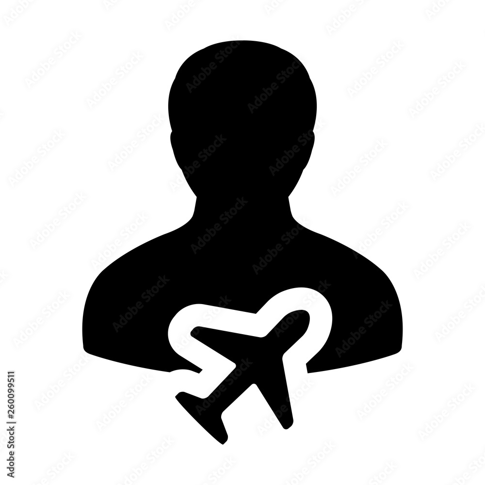 Travel icon vector male user person profile avatar symbol for transportation in flat color glyph pictogram illustration