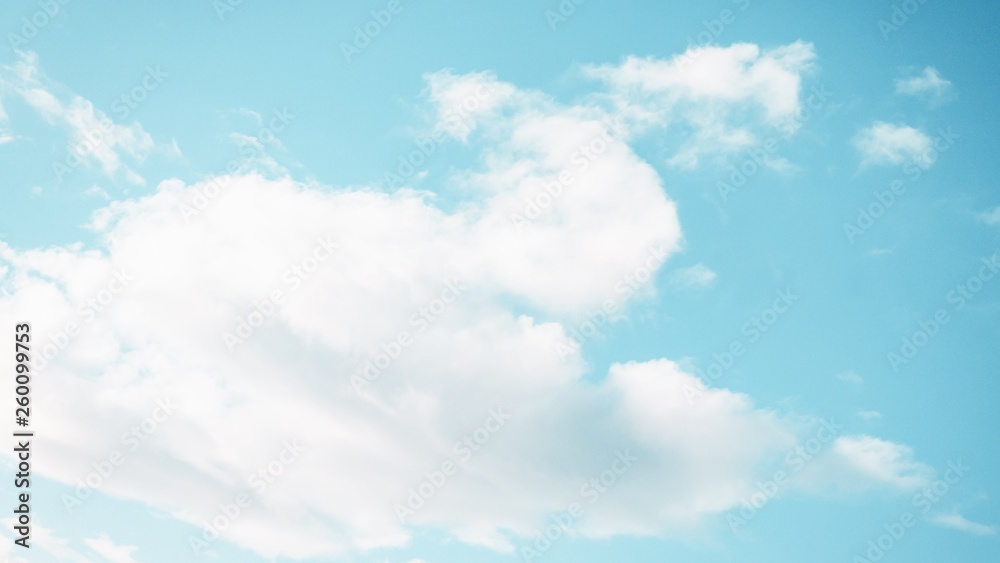 Fluffy white cloud on the blue aquamarine color sky background. 16:9