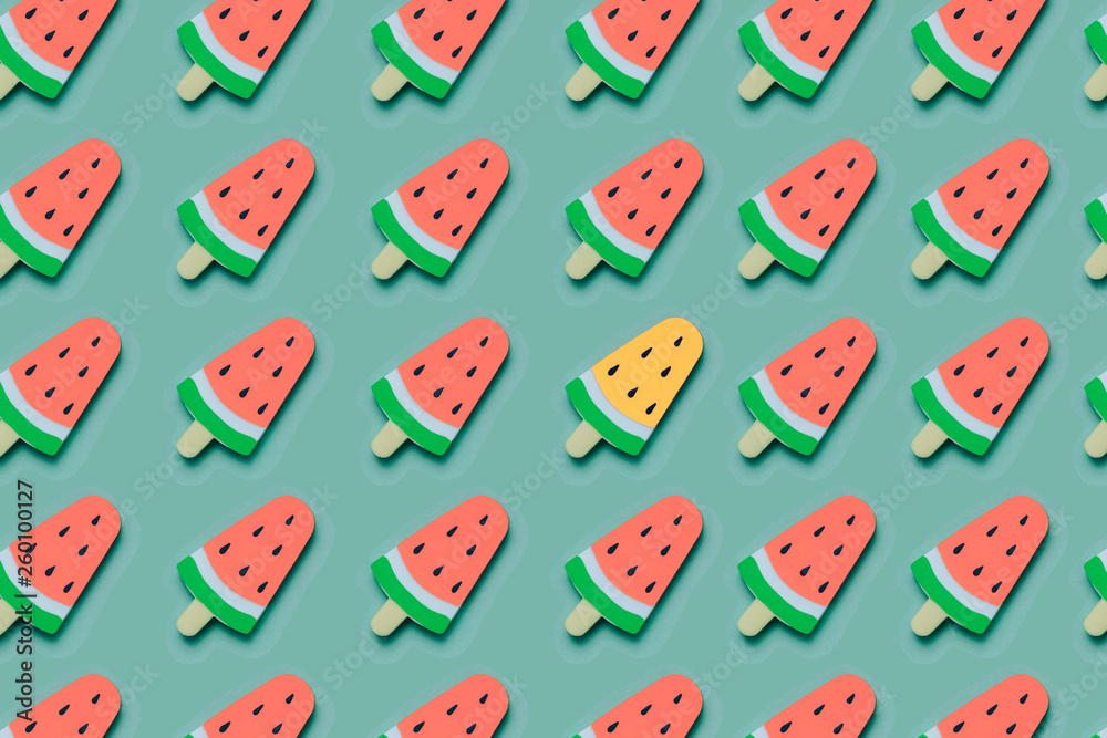 icecream red watermelon and yellow on light green background, summer theme icecream red watermelon and yellow on light green background, summer theme