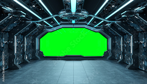 Fototapeta Naklejka Na Ścianę i Meble -  Dark blue spaceship futuristic interior mockup with window 3d rendering