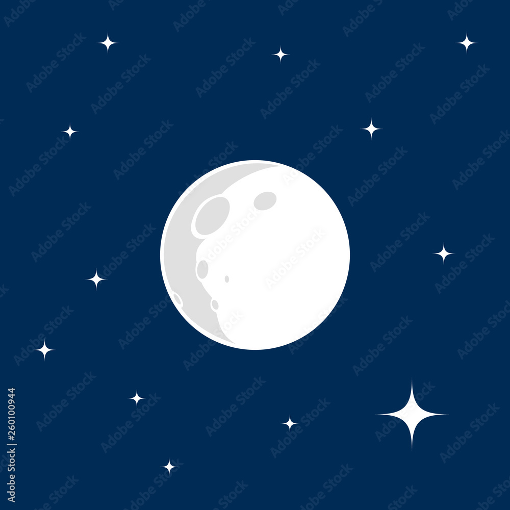 Moon shining on dark sky with many stars and planet Jupiter