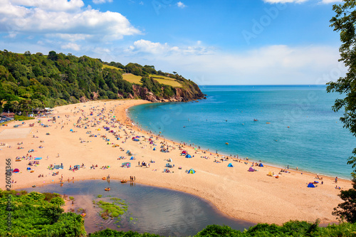 A sunny seascape with people enjoying the beach at Blackpool sands near Dartmouth in Devon  photo