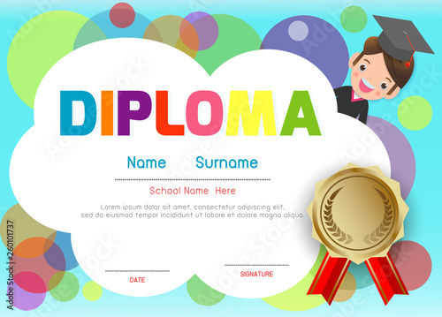 Certificates kindergarten and elementary, Preschool Kids Diploma certificate pattern design template, Diploma template for kindergarten students, Certificate of kids diploma