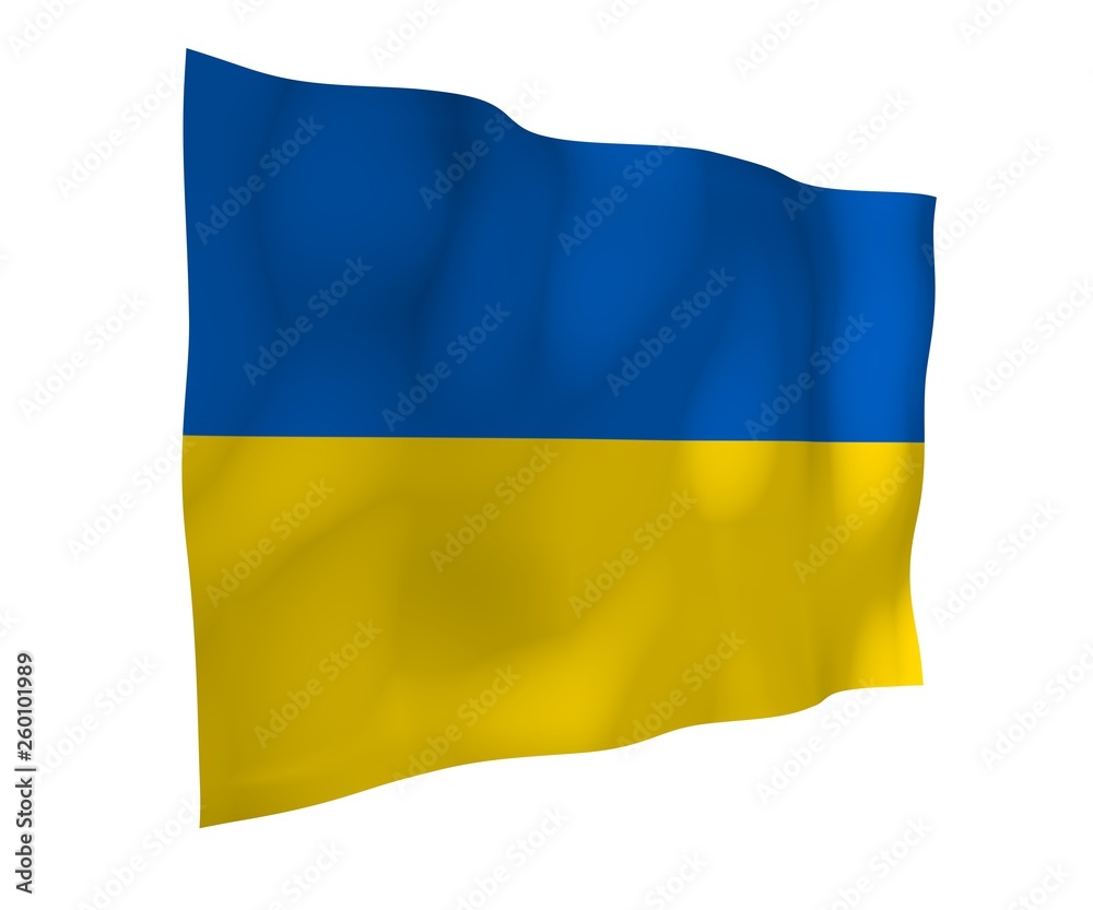 Obraz premium The flag of Ukraine on a white background. National flag and state ensign. Blue and yellow bicolour. 3D illustration waving flag