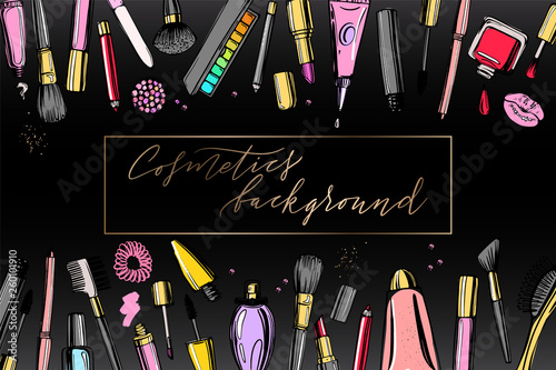 Сosmetics background with copy space for text. Hand drawn decorative cosmetics set