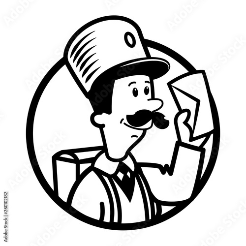 The postman smiles and holds the envelope in his hands, mustache