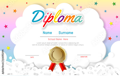 Certificates kindergarten and elementary, Preschool Kids Diploma certificate pattern design template, Diploma template for kindergarten students, Certificate of kids diploma