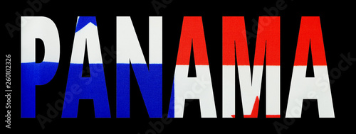 Bold text cutout letters from the image of a national flag with black background. Great photo with graphic elements for any nation specific subject. Flaf of Panam in red white and blue