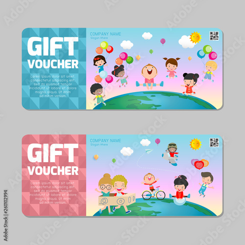 Gift voucher template with colorful pattern,cute gift voucher certificate coupon design template, kids voucher Vector illustration
