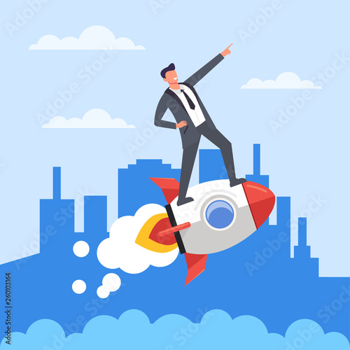 Successful businessman office worker character riding flying rocket. Start up new business concept. Vector flat cartoon design graphic isolated illustration
