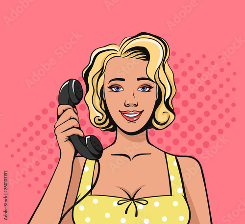 Woman holding phone and call. Old fashion retro style concept. Vector flat cartoon design graphic isolated illustration