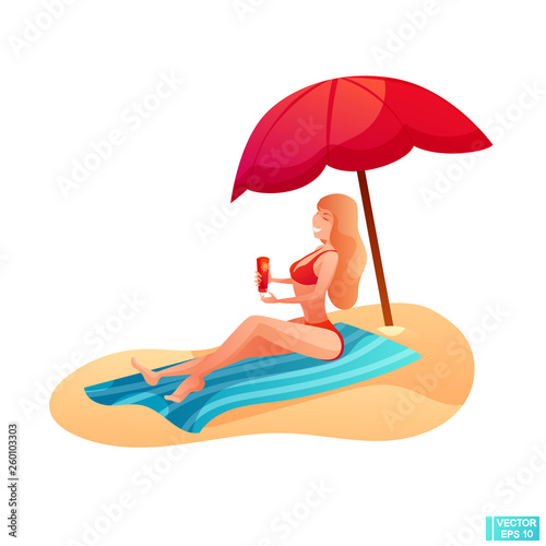 Beautiful girl on the beach uses sunscreen.