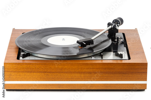 Vintage turntable vinyl record player isolated on white