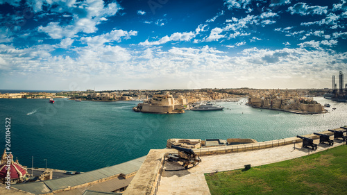 Valletta, Malta: View over Grand Harbor and Three Cities of Senglea, Birgu and Cospicua from Upper Barrakka Gardens