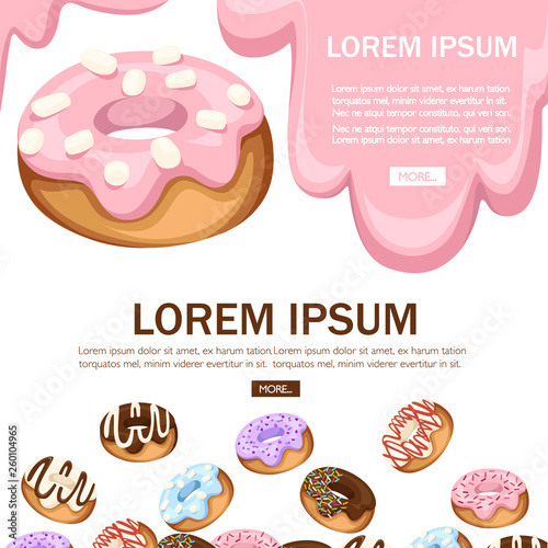 Set of cartoon colorful donuts. Dessert with cream. Flat vector illustration on white background. Sweet sugar icing donuts. Place for text, web site page and mobile app design