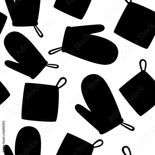 Seamless pattern. Black silhouette. Potholder and oven mitt. Protective fabric tissue cloth with square pattern. Flat vector illustration on white background