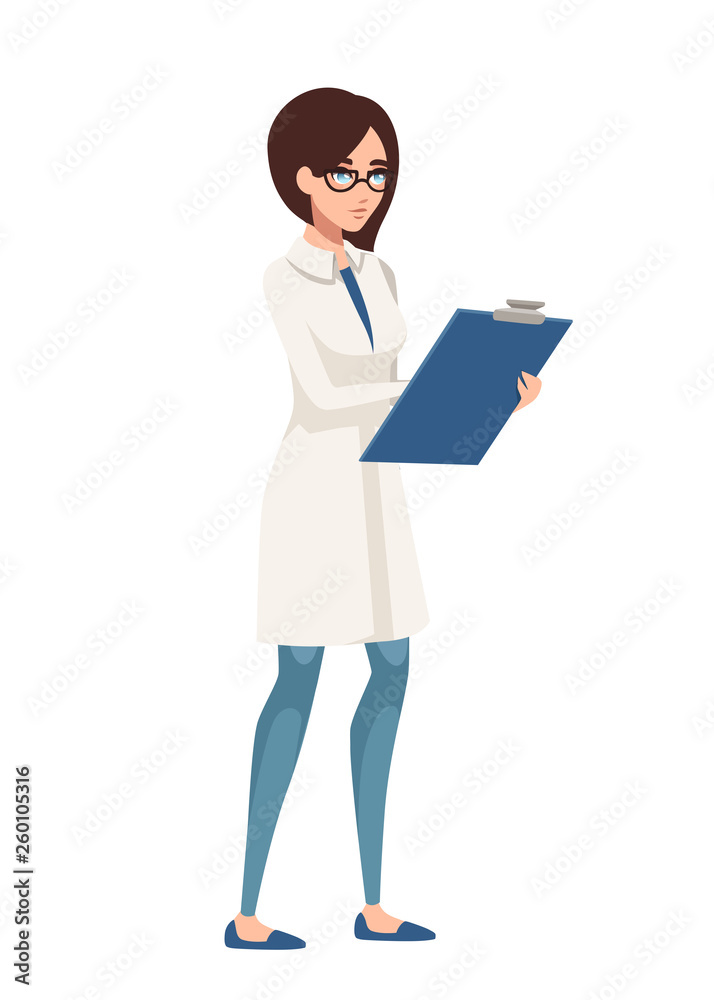 Doctor woman in medical gown. White medical gown with blue pants. Female doctor hold blue check list. Cartoon character design. Flat vector illustration isolated on white background Doctor woman in medical gown. White medical gown with blue pants. Female doctor hold blue check list. Cartoon character design. Flat vector illustration isolated on white background