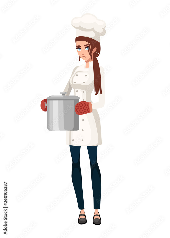 Female cook with oven mitt holds steel cooking pot. Women in white uniform. Cartoon character design. Flat vector illustration isolated on white background Female cook with oven mitt holds steel cooking pot. Women in white uniform. Cartoon character design. Flat vector illustration isolated on white background