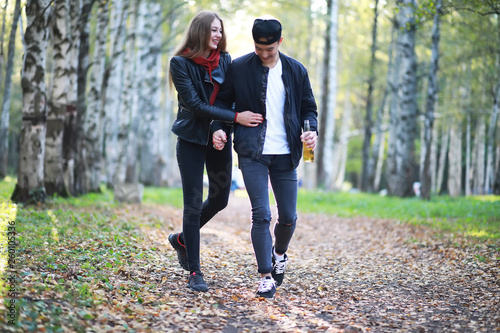 Loving couple walking in casual clothes
