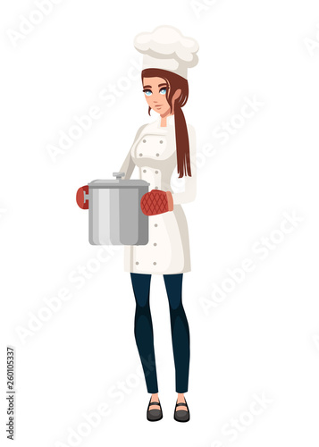Female cook with oven mitt holds steel cooking pot. Women in white uniform. Cartoon character design. Flat vector illustration isolated on white background