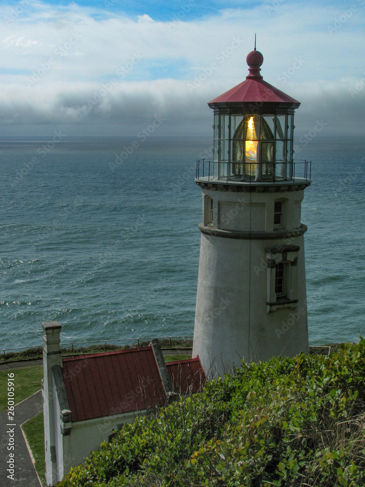 Historic Heceta Head Lighthouse on a promontory above the Pacific Ocean near Yachats, Oregon. Built in 1894.
